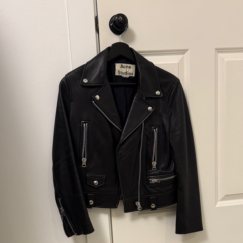 Acne Black Leather Bomber Jacket